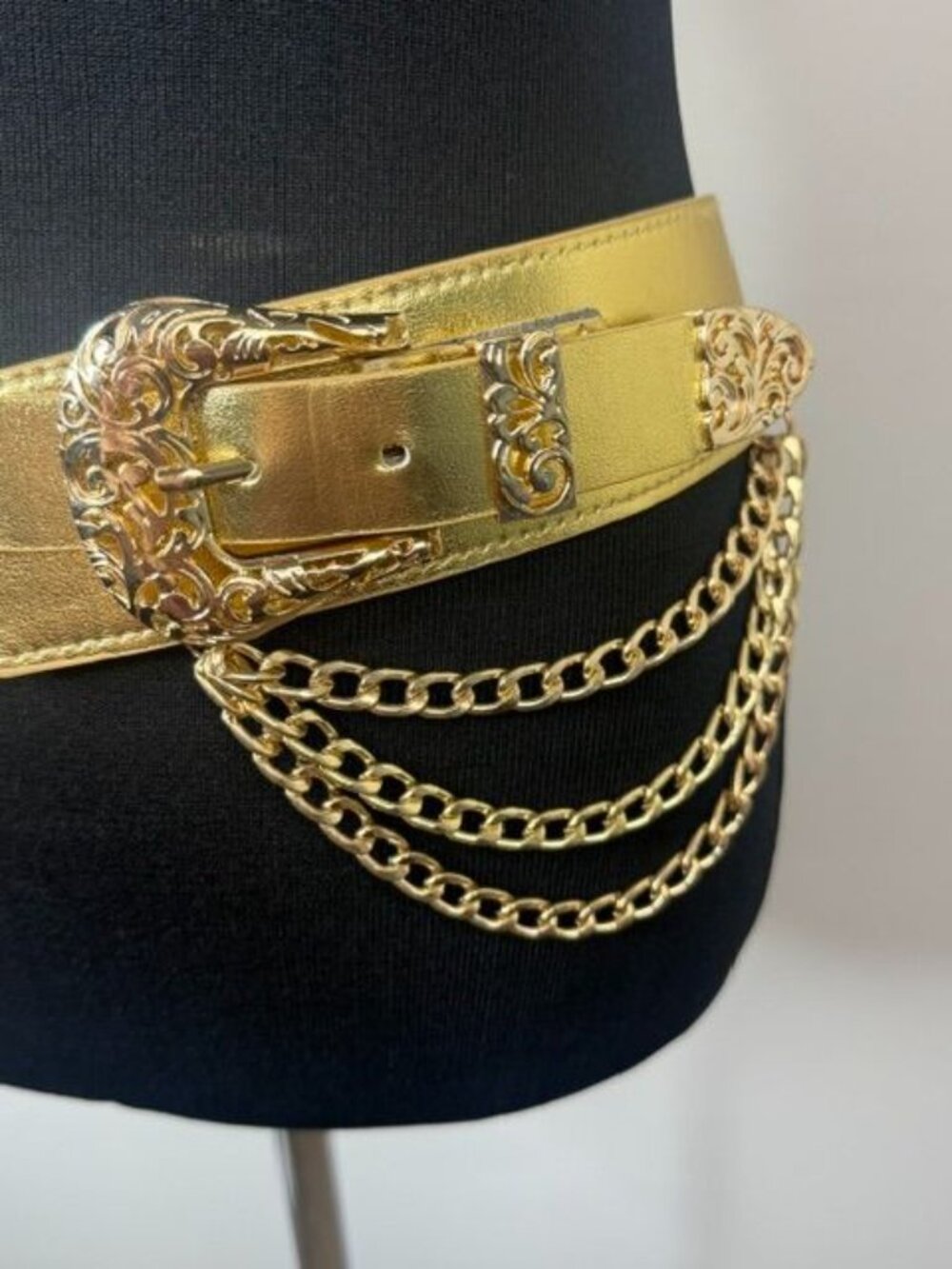 Gold Metallic Double Buckle Stretch Back Waist Belt with 3 Chain Detail - Picture 3 of 7
